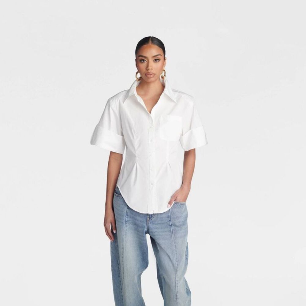 KBB by KAHLANA Women's Short Sleeve' The Hourglass Button-Down Shirt' - White XS